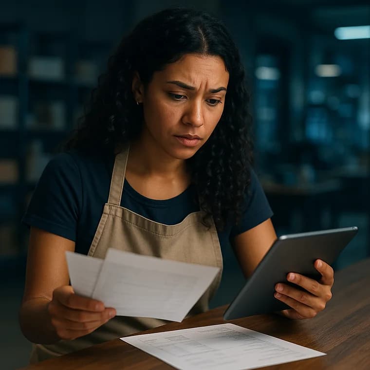 Empreendedora de microempresa revisando notas e percebendo que o MEI ficou pequeno